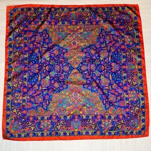 Vintage Boho Floral Paisley Satin Square Scarf Multicolor Ornate Print 31”X 31”